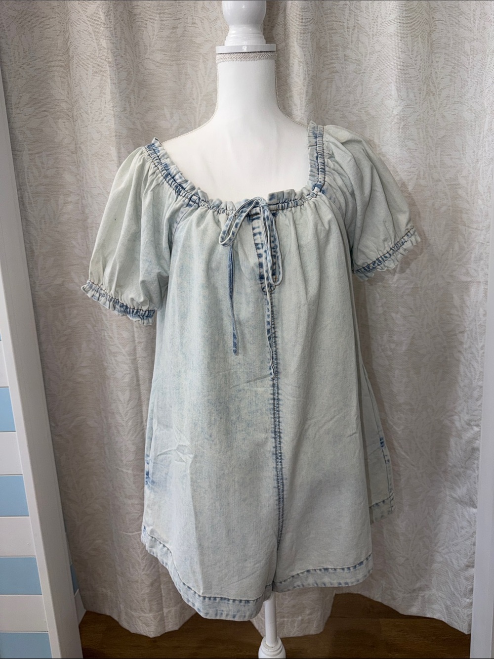 Light Wash Womens Jean Romper with Tie Neck